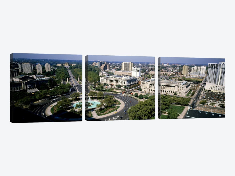 Aerial view of buildings in a city, Logan Circle, Ben Franklin Parkway, Philadelphia, Pennsylvania, USA by Panoramic Images 3-piece Art Print