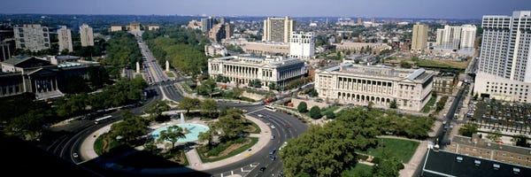 Philadelphia: Aerial view of buildings in a city, Logan Circle, Ben Franklin Parkway, Philadelphia, Pennsylvania, USA by Panoramic Images