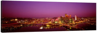 High angle view of buildings lit up at night, Three Rivers Stadium, Pittsburgh, Pennsylvania, USA Canvas Art Print - Pittsburgh Skylines