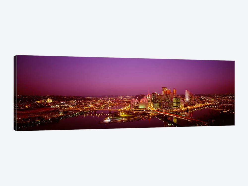 High angle view of buildings lit up at night, Three Rivers Stadium, Pittsburgh, Pennsylvania, USA by Panoramic Images 1-piece Canvas Artwork