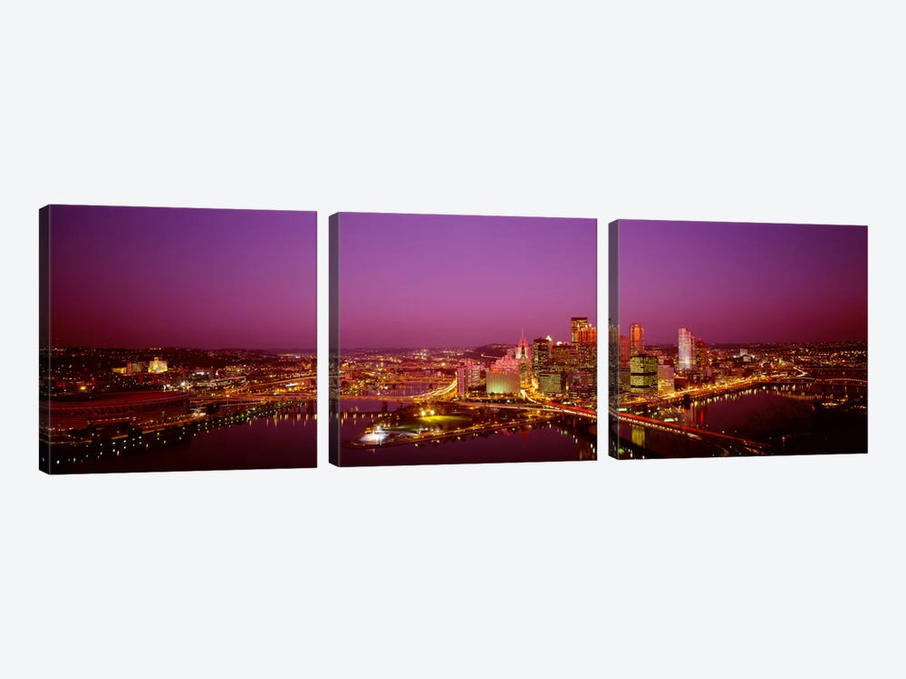 High angle view of buildings lit up at night, Three Rivers Stadium, Pittsburgh, Pennsylvania, USA by Panoramic Images 3-piece Canvas Wall Art
