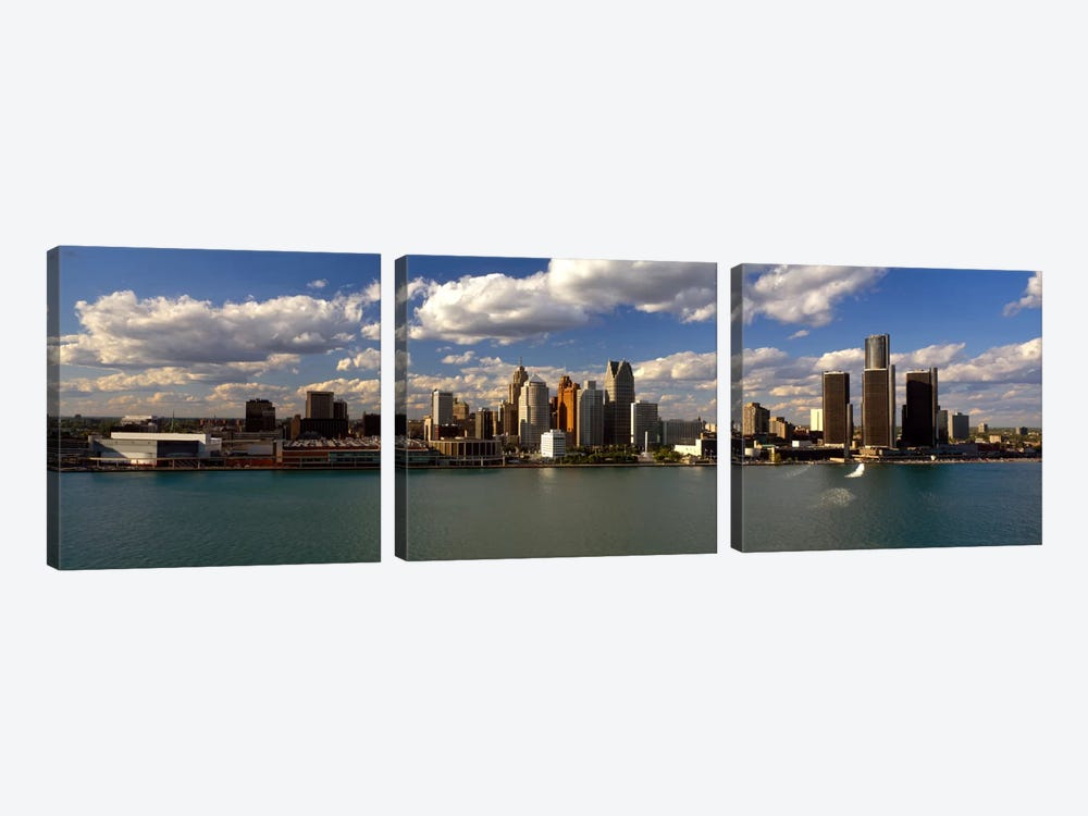 Buildings at the waterfront, Detroit River, Detroit, Wayne County, Michigan, USA by Panoramic Images 3-piece Canvas Art Print