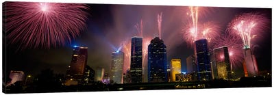 Fireworks Over Buildings In A City, Houston, Texas, USA Canvas Art Print - Fireworks