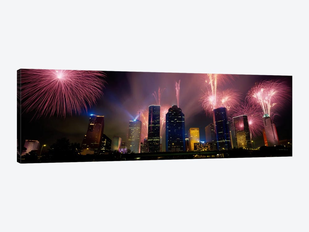 Fireworks Over Buildings In A City, Houston, Texas, USA by Panoramic Images 1-piece Canvas Art Print