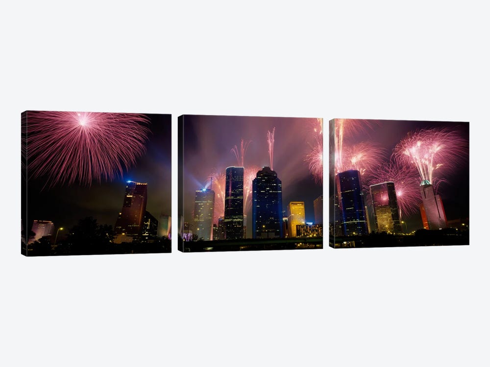 Fireworks Over Buildings In A City, Houston, Texas, USA by Panoramic Images 3-piece Canvas Art Print