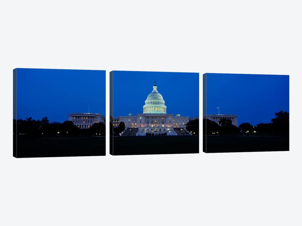 Government building lit up at dusk, Capitol Building, Washington DC, USA by Panoramic Images 3-piece Art Print