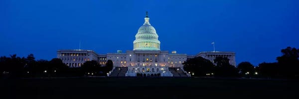 Washington, D.C.: Government building lit up at dusk, Capitol Building, Washington DC, USA by Panoramic Images