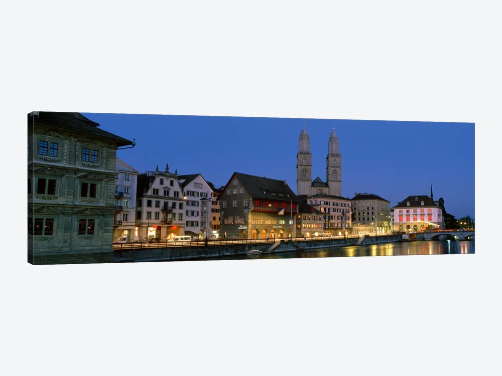 Buildings at the waterfront, Grossmunster Cathedral, Zurich, Switzerland by Panoramic Images 1-piece Canvas Wall Art
