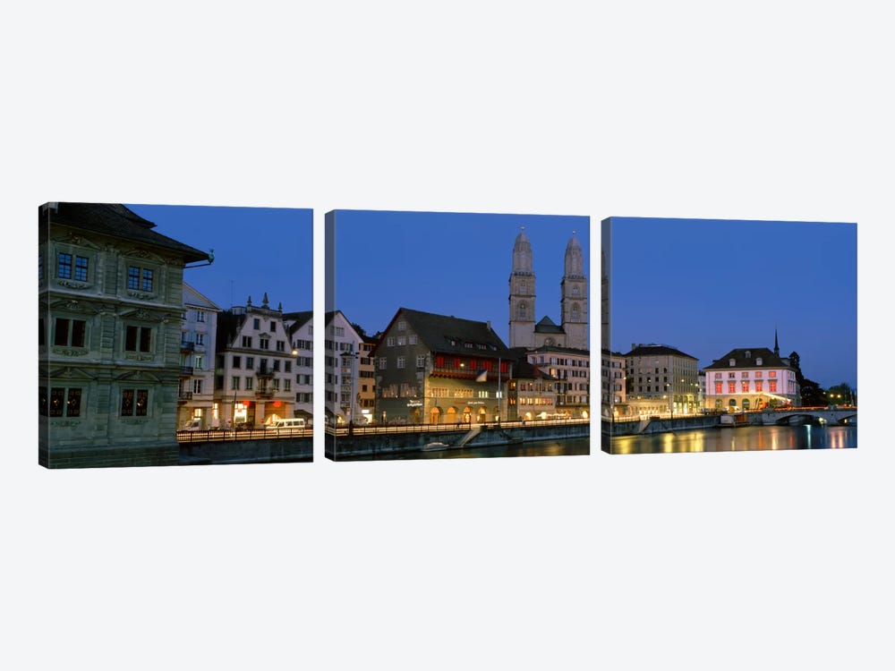 Buildings at the waterfront, Grossmunster Cathedral, Zurich, Switzerland by Panoramic Images 3-piece Canvas Art