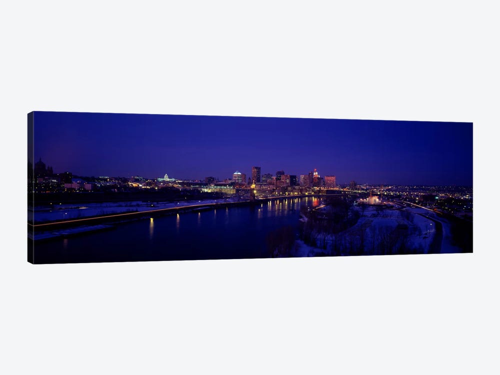 Reflection of buildings in a river at nightMississippi River, Minneapolis & St Paul, Minnesota, USA by Panoramic Images 1-piece Canvas Wall Art