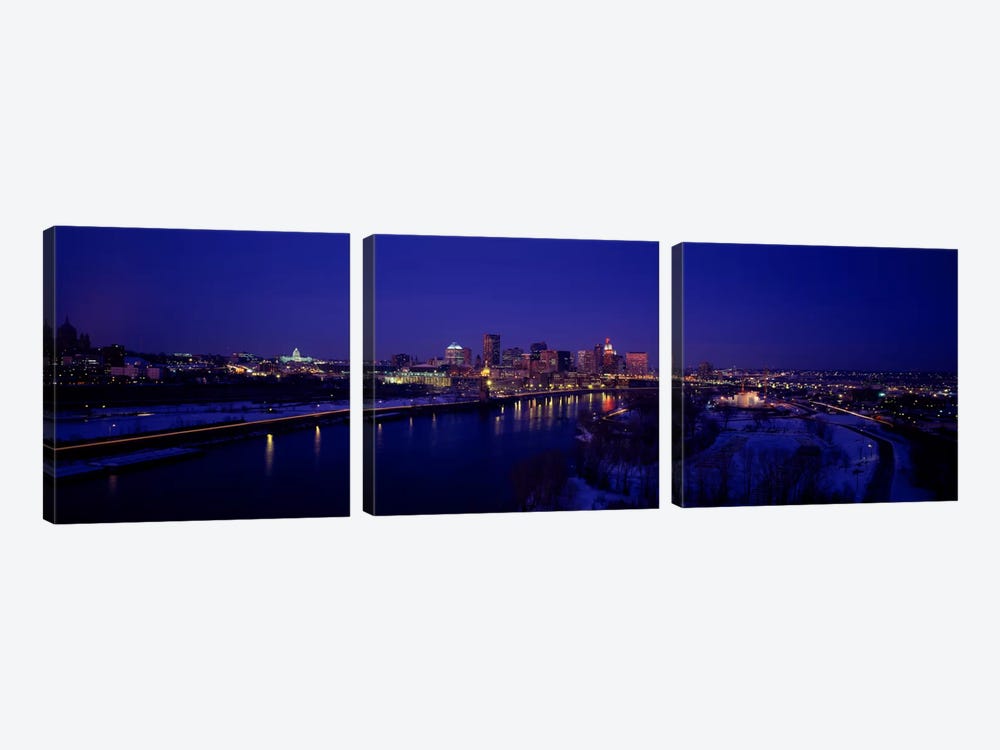 Reflection of buildings in a river at nightMississippi River, Minneapolis & St Paul, Minnesota, USA by Panoramic Images 3-piece Canvas Art