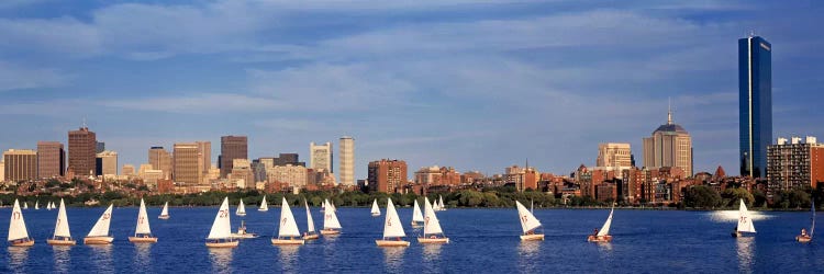 USA, Massachusetts, Boston, Charles River, View of boats on a river by a city