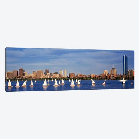 USA, Massachusetts, Boston, Charles River, View of boats on a river by a city Canvas Print #PIM2176} by Panoramic Images Canvas Wall Art