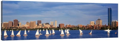 USA, Massachusetts, Boston, Charles River, View of boats on a river by a city Canvas Art Print - Boston Skylines