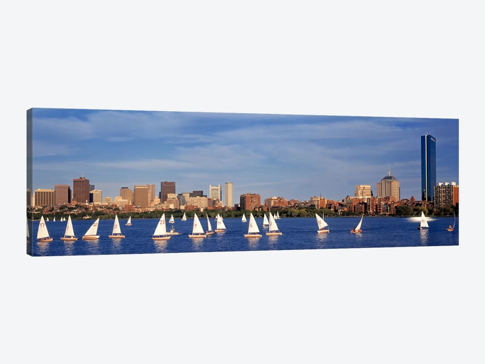 USA, Massachusetts, Boston, Charles River, View of boats on a river by a city by Panoramic Images 1-piece Canvas Artwork