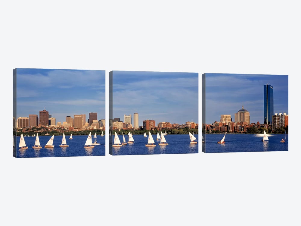 USA, Massachusetts, Boston, Charles River, View of boats on a river by a city by Panoramic Images 3-piece Canvas Wall Art