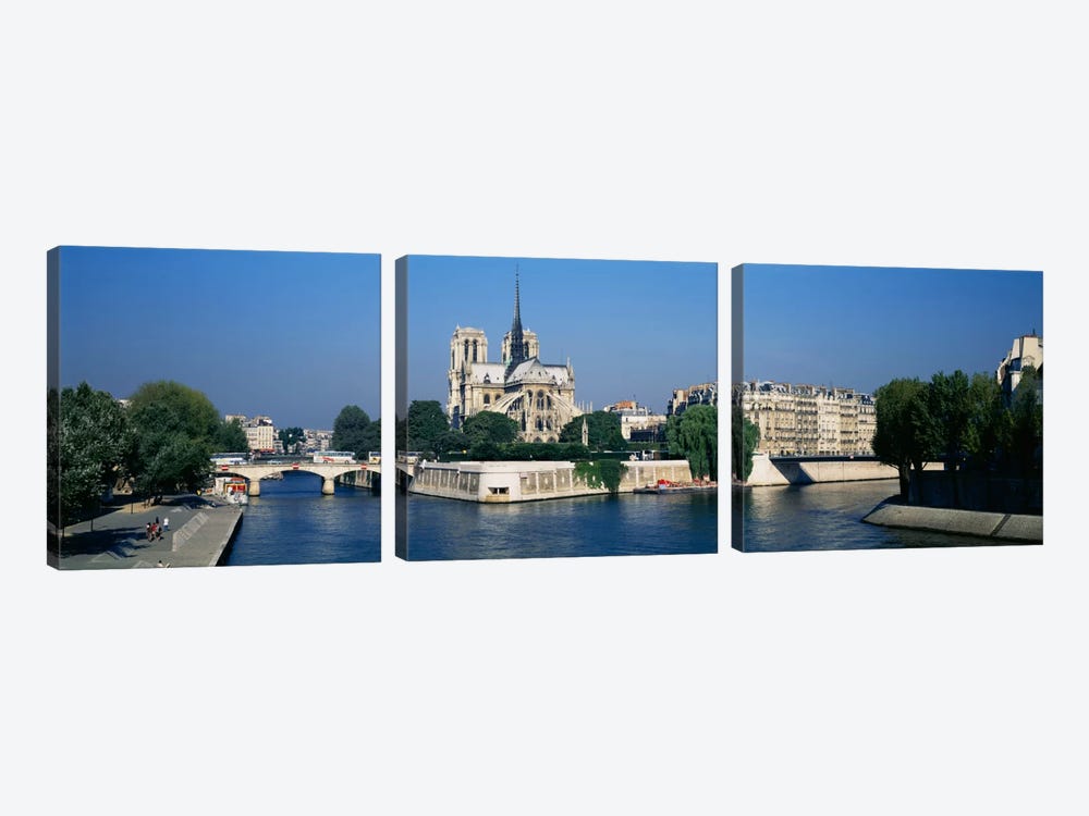 Cathedral along a river, Notre Dame Cathedral, Seine River, Paris, France by Panoramic Images 3-piece Art Print
