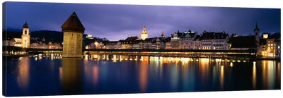 Buildings lit up at dusk, Chapel Bridge, Reuss River, Lucerne, Switzerland Canvas Art Print - Switzerland Art