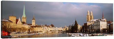 Winter Landscape Along The Limmat River, Zurich, Switzerland Canvas Art Print - 3-Piece Panoramic Art