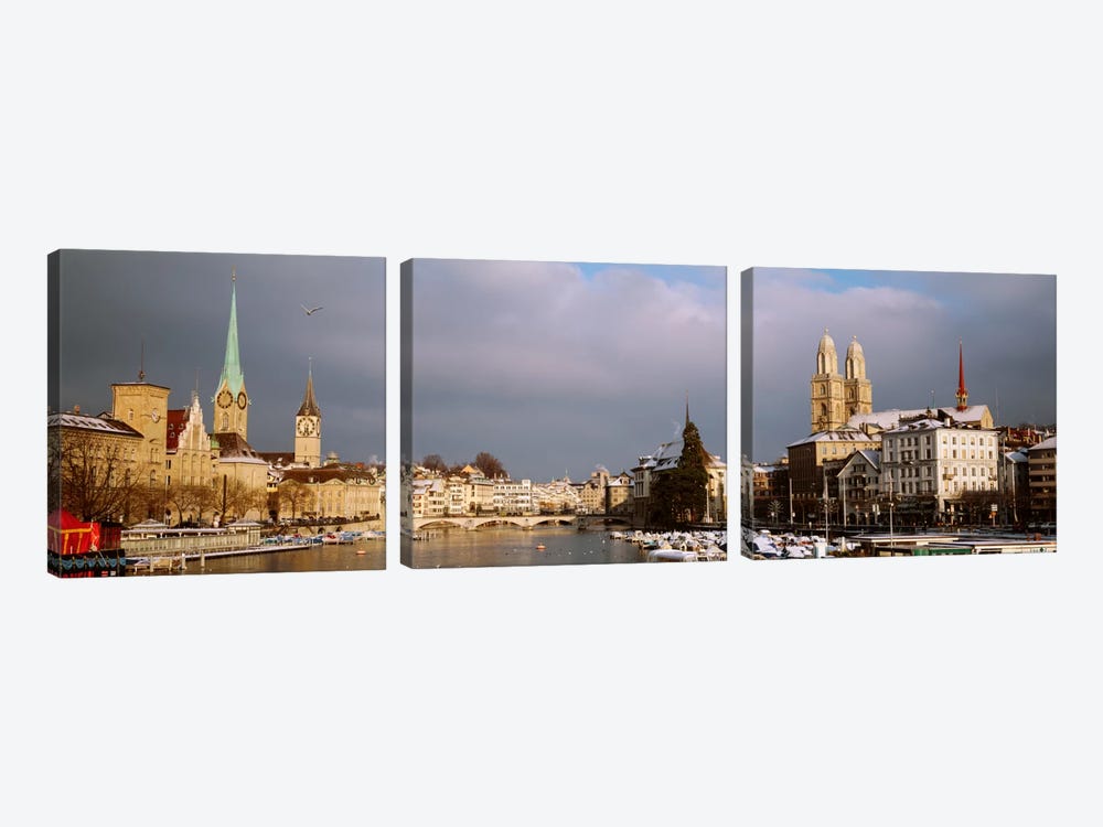 Winter Landscape Along The Limmat River, Zurich, Switzerland by Panoramic Images 3-piece Canvas Art Print