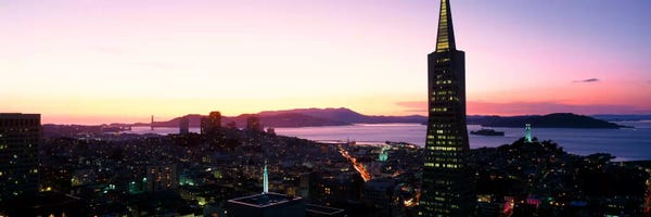 San Francisco Skylines: Night Skyline With View of Transamerica Building & Golden Gate BridgeSan Francisco, California, USA by Panoramic Images