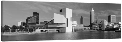 Buildings at the waterfront, Rock & Roll Hall of Fame, Cleveland, Ohio, USA Canvas Art Print - Black & White Cityscapes