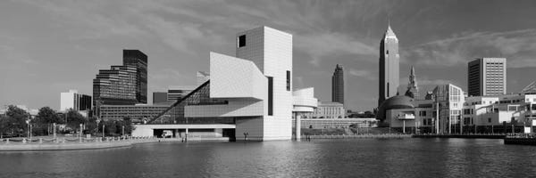 Black & White Cityscapes: Buildings at the waterfront, Rock & Roll Hall of Fame, Cleveland, Ohio, USA by Panoramic Images