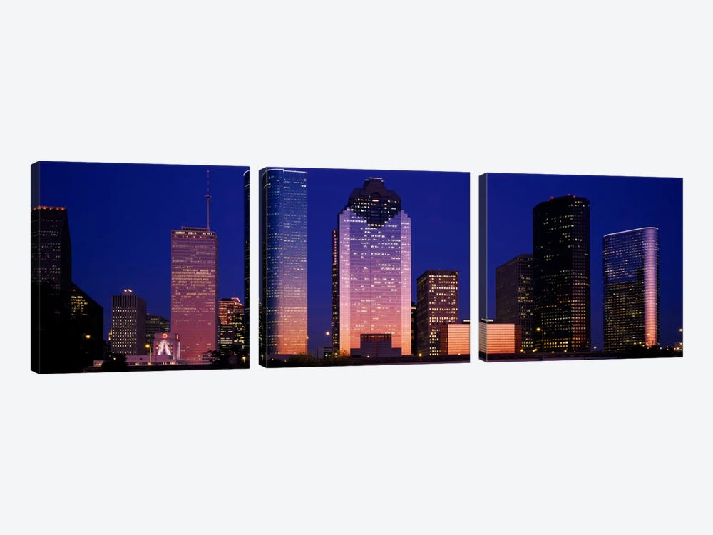 Skyscrapers lit up at night, Houston, Texas, USA by Panoramic Images 3-piece Canvas Wall Art