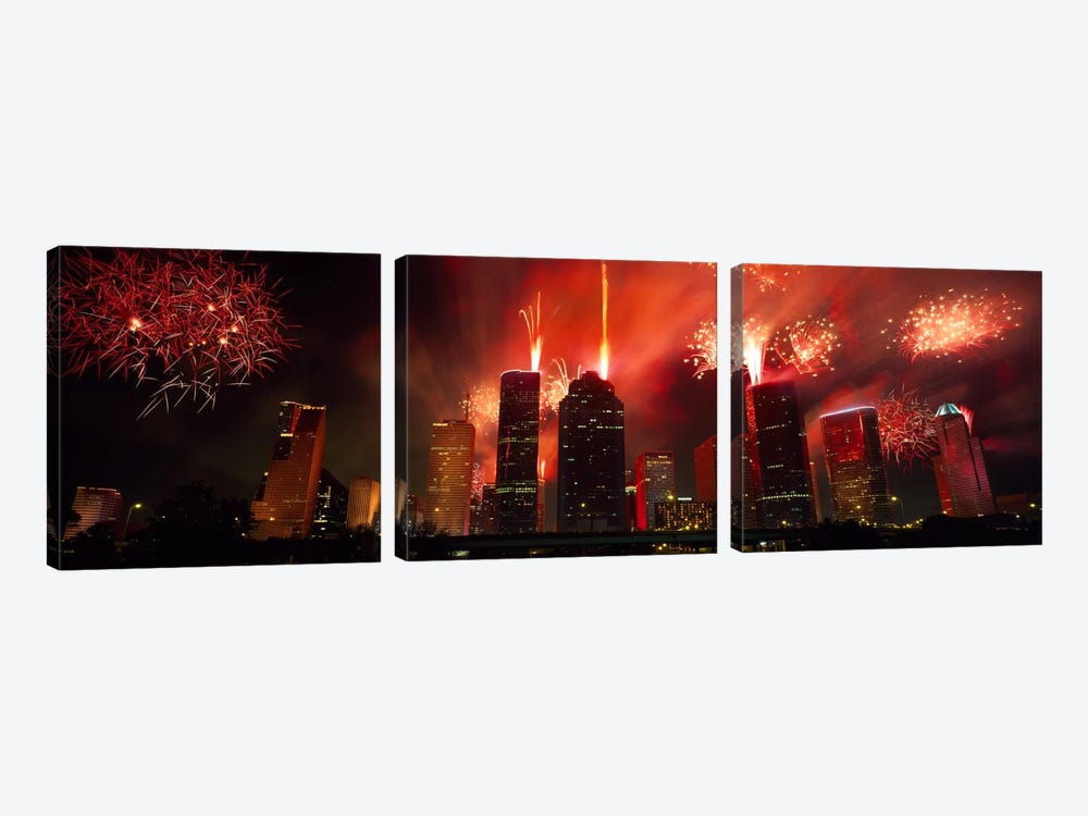 Fireworks over buildings in a city, Houston, Texas, USA #2 by Panoramic Images 3-piece Canvas Wall Art