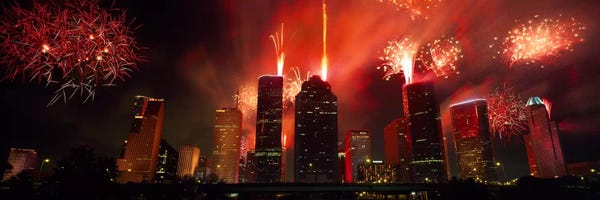 Fireworks: Fireworks over buildings in a city, Houston, Texas, USA #2 by Panoramic Images
