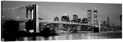 Illuminated Brooklyn Bridge With Lower Manhattan's Financial District Skyline In The Background In B&W, New York City, New York  Canvas Art Print - Panoramic Cityscapes