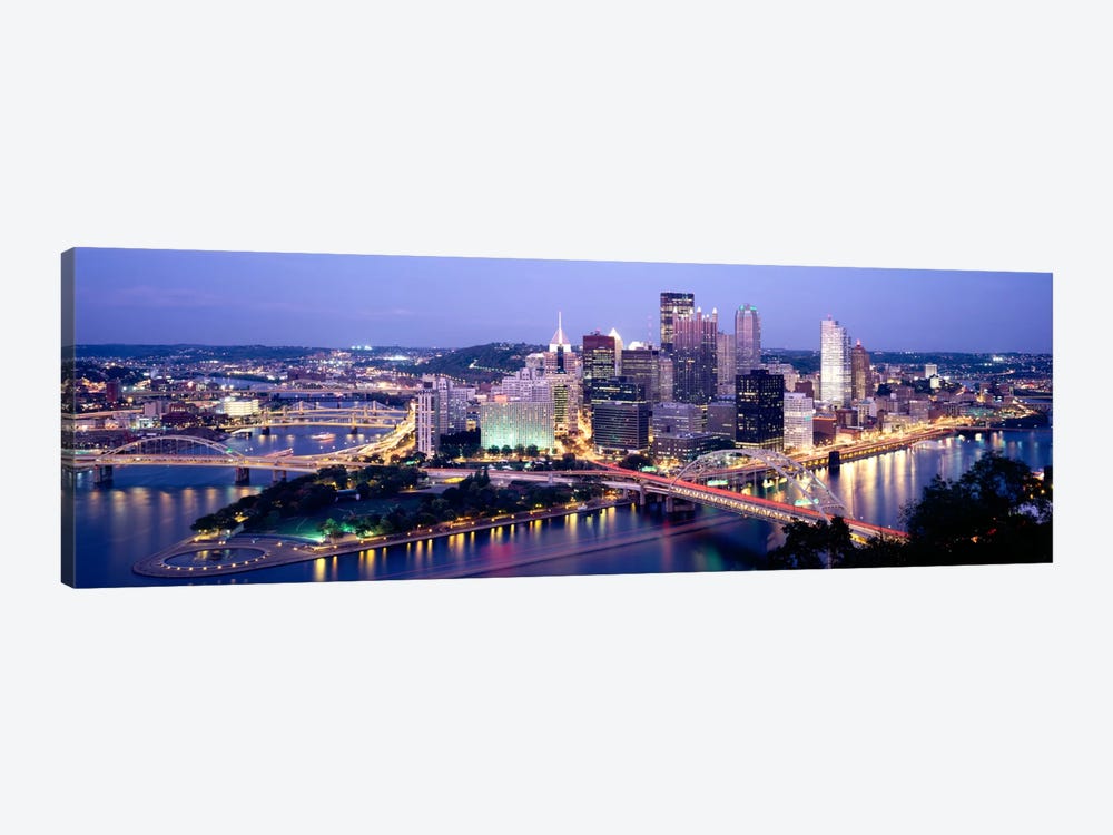 Buildings in a city lit up at dusk, Pittsburgh, Allegheny County, Pennsylvania, USA by Panoramic Images 1-piece Canvas Print