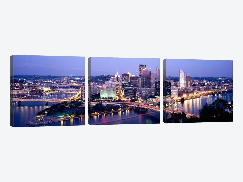 Buildings in a city lit up at dusk, Pittsburgh, Allegheny County, Pennsylvania, USA 3-piece Art Print