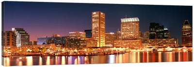 Buildings lit up at dusk, Baltimore, Maryland, USA Canvas Art Print - Baltimore Art
