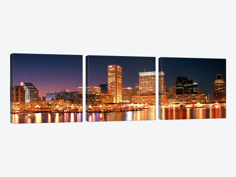 Buildings lit up at dusk, Baltimore, Maryland, USA by Panoramic Images 3-piece Canvas Artwork