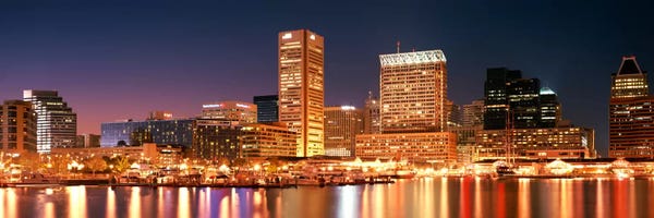 Maryland: Buildings lit up at dusk, Baltimore, Maryland, USA by Panoramic Images