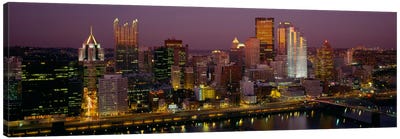 High angle view of buildings lit up at night, Pittsburgh, Pennsylvania, USA Canvas Art Print - Pittsburgh Skylines