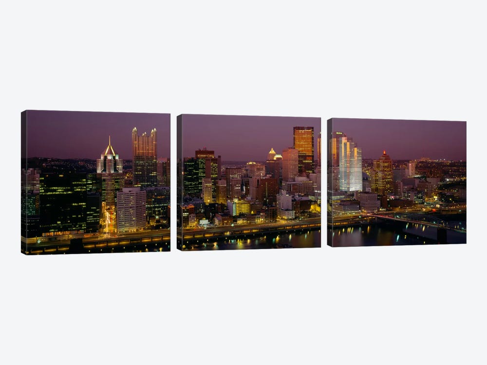 High angle view of buildings lit up at night, Pittsburgh, Pennsylvania, USA by Panoramic Images 3-piece Canvas Print