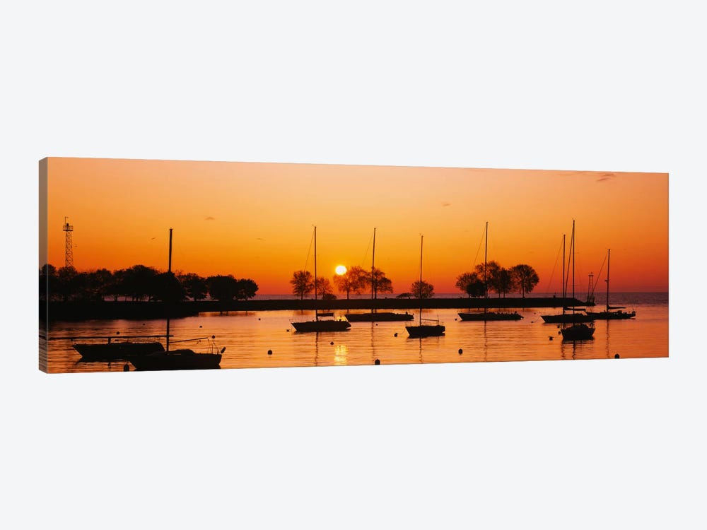 Silhouette of sailboats in a lake, Lake Michigan, Chicago, Illinois, USA by Panoramic Images 1-piece Canvas Artwork