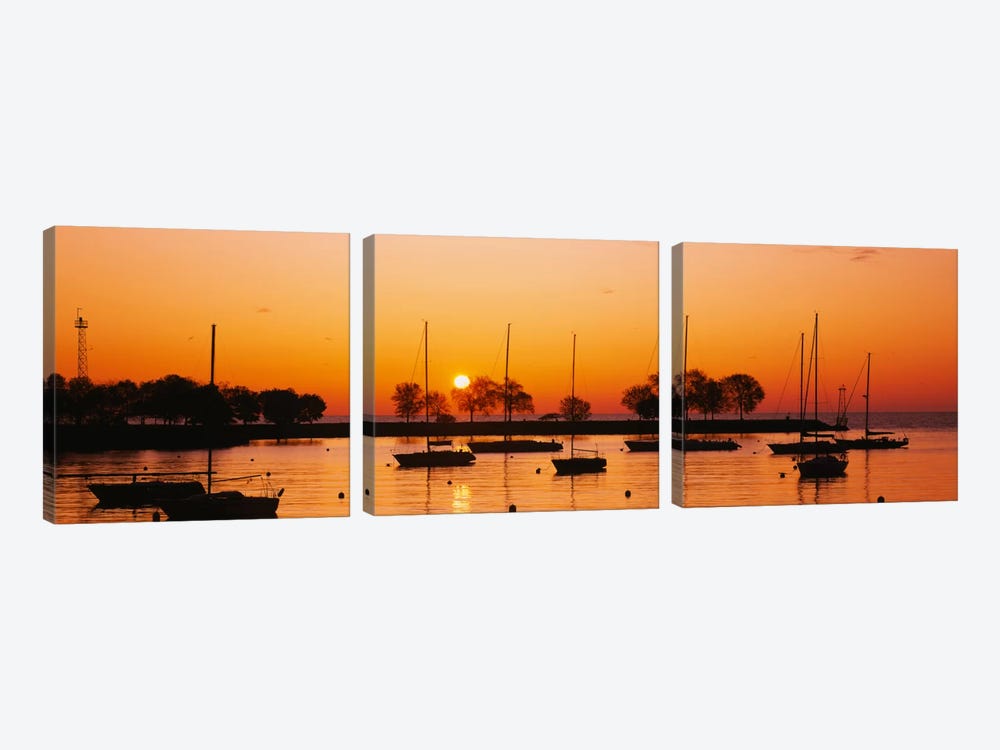 Silhouette of sailboats in a lake, Lake Michigan, Chicago, Illinois, USA by Panoramic Images 3-piece Canvas Artwork