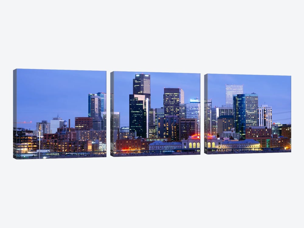 Buildings lit up at duskDenver, Colorado, USA by Panoramic Images 3-piece Canvas Art Print