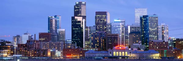 Buildings lit up at duskDenver, Colorado, USA