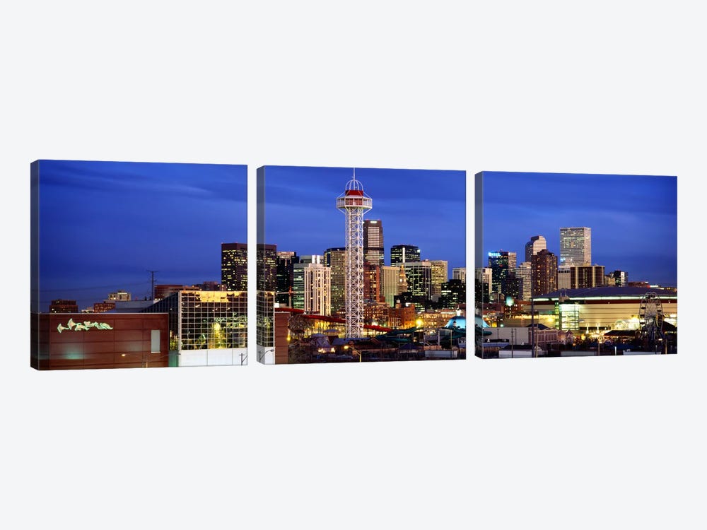 Buildings lit up at duskDenver, Colorado, USA by Panoramic Images 3-piece Canvas Wall Art
