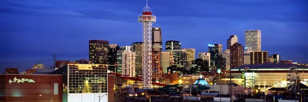 Buildings lit up at duskDenver, Colorado, USA