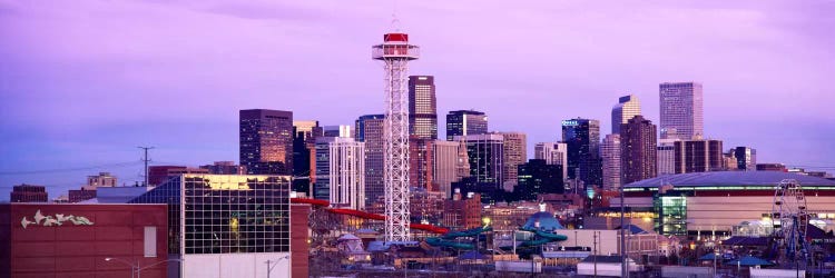 Building lit up at dusk, Denver, Colorado, USA