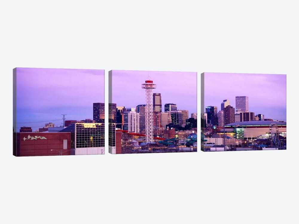 Building lit up at dusk, Denver, Colorado, USA by Panoramic Images 3-piece Canvas Print
