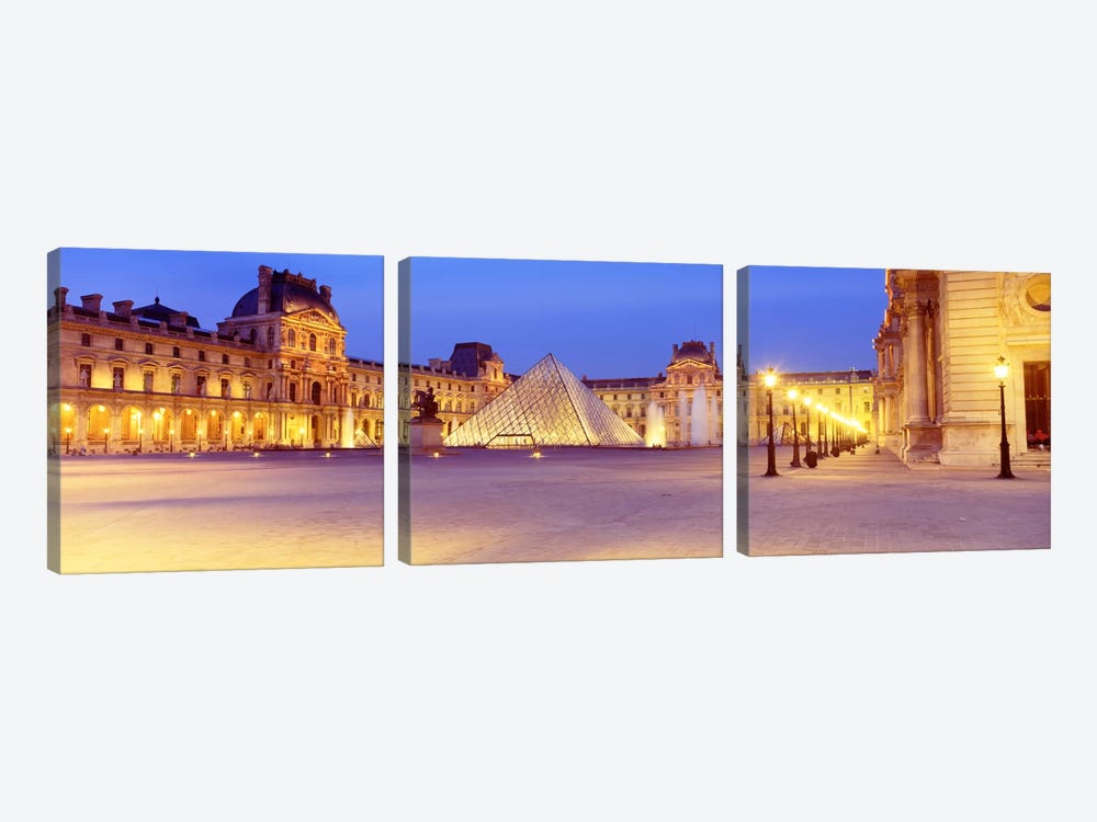 Louvre Pyramid At NIght, Napoleon Courtyard (Cour Napoleon), Louvre Museum, Paris, France by Panoramic Images 3-piece Canvas Art Print
