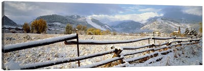 Snow-Covered Wooden Fence, Colorado, USA Canvas Art Print - Snowy Mountain Art