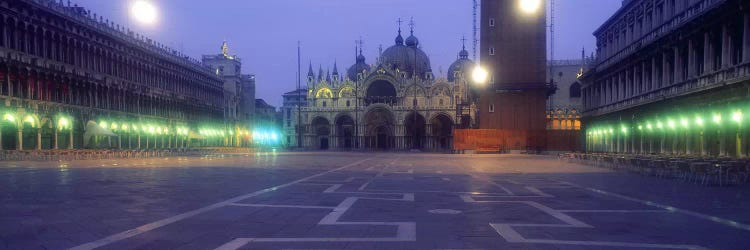 Street lights lit up in front of a cathedral at sunriseSt. Mark's Cathedral, St. Mark's Square, Venice, Veneto, Italy