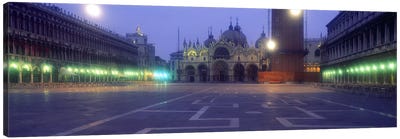 Street lights lit up in front of a cathedral at sunriseSt. Mark's Cathedral, St. Mark's Square, Venice, Veneto, Italy Canvas Art Print - Veneto Art